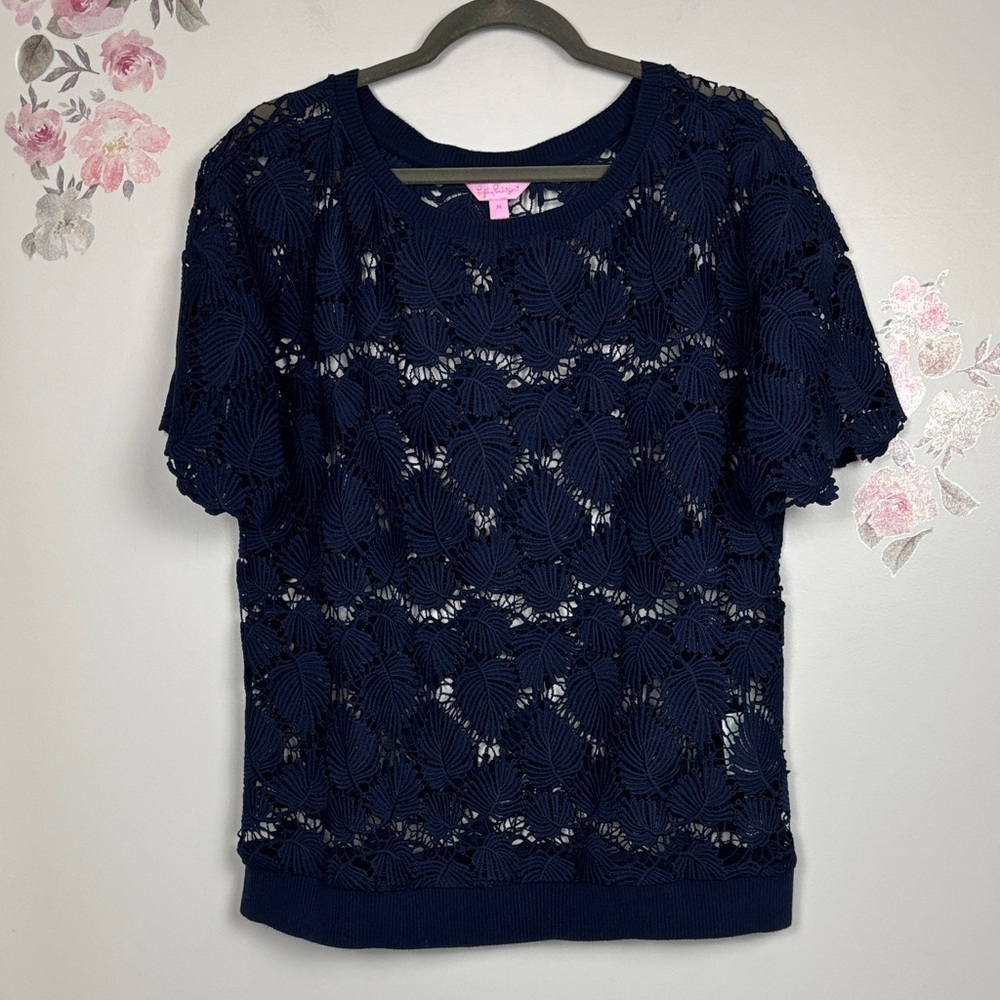 Lilly Pulitzer Navy Floral Lace Sheer Blouse - M